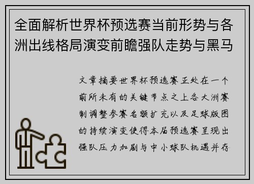 全面解析世界杯预选赛当前形势与各洲出线格局演变前瞻强队走势与黑马机会
